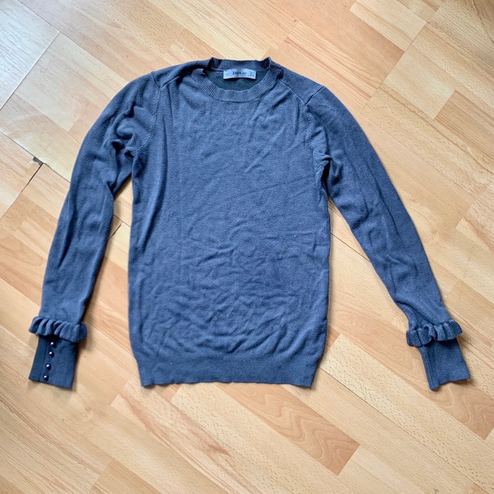 Zara women’s blue Crewneck Sweater with ruffle cuffs and pearl embellishment